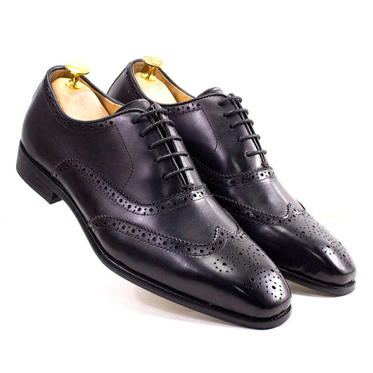 Men's Handcrafted Wingtip Oxford Shoes - Genuine Calfskin Leather Brogue Dress Footwear