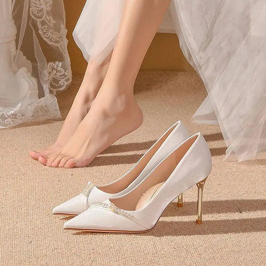 Elegant Pearl Stiletto Wedding Pumps - Women's Pointed Toe Heeled Shoes