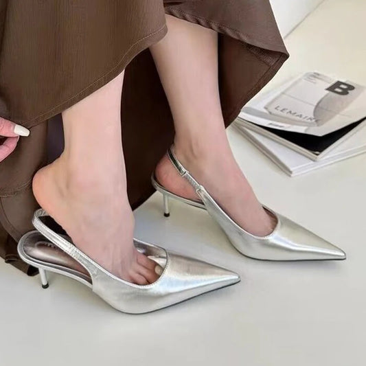 Elegant Silver Pointed Toe Slingback Party Pumps for Women